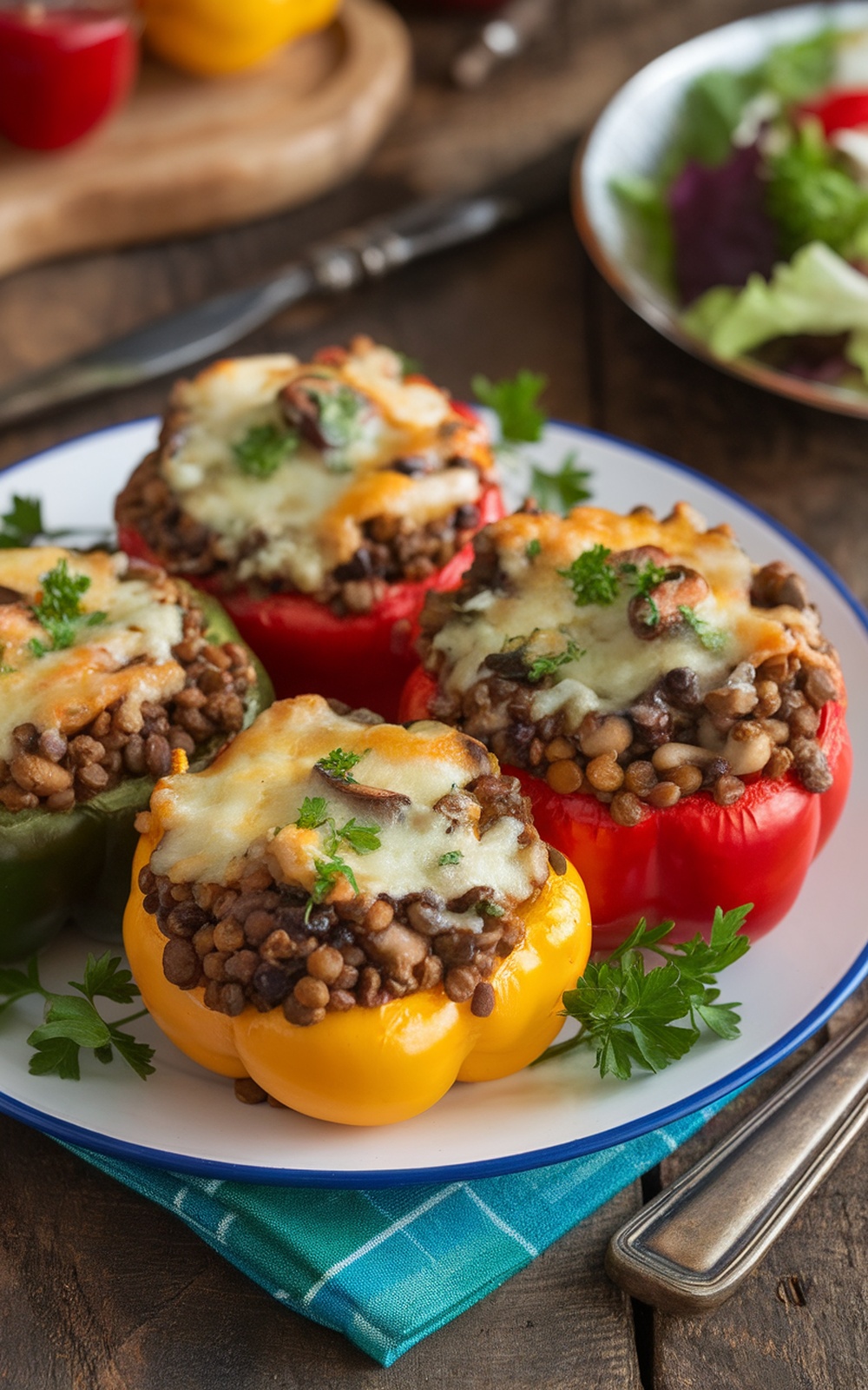 Stuffed bell peppers filled with mushroom and lentil mixture, garnished with parsley, on a wooden table.